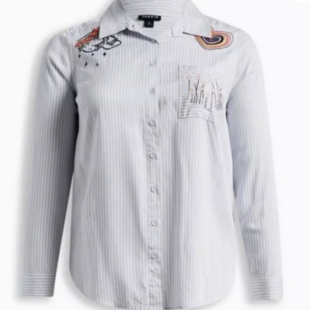 Torrid Blue Striped Embroidered Button Down Shirt - Picture 4 of 9